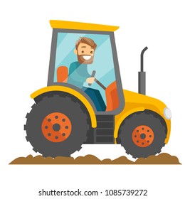 A white happy farmer in tractor on a rural farm field. A worker in rural area. arming, country, agriculture, harvest and gardening concept. Vector cartoon illustration isolated on white background.