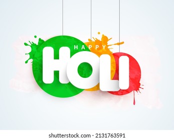 White Happy Holi Font With Brush Effect Colorful Round Tag Or Label Hang On Pastel Blue And Pink Background.