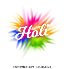White Happy Holi Font on Blurred Color Splash Background.