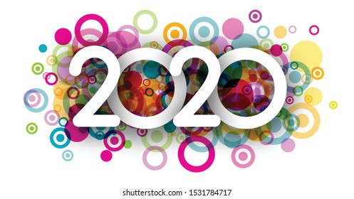 White Happy New Year 2020 poster with abstract colorful geometric pattern. Vector background.