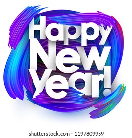 Fondo blanco feliz de año nuevo con trazos de pincel de gradiente azul. Diseño de pincel degradado colorido. Tarjeta de saludo o plantilla de afiche. Ilustración de papel vector.