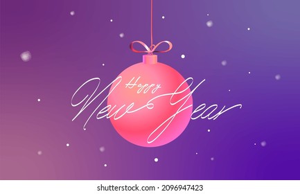 White Happy New Year Font Over Bauble Hang On Gradient Purple Background.