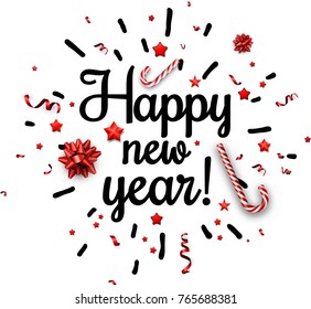 White Happy New Year print with red bow, candy and serpentine. Vector paper illustration.