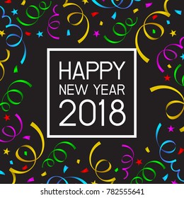 White Happy New Year of twenty eighteen lettering with colorful celebration background. Paper with confetti. Illustration isolated on black background. Design for celebration.