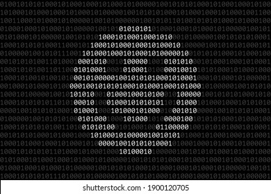 Icono de la cara sonriente blanca hecho de símbolos binarios, sobre código binario oscuro. Concepto de resolución de problemas de software o error del sistema, mantenimiento exitoso. Tecnologías modernas