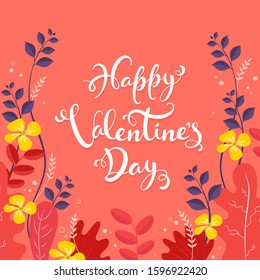 White Happy Valentine's Day Font on Orange Background Decorated with Flowers and Leaves.