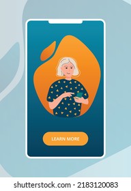 A White Happy  Woman Use Smartphone Flat. Smartphone Screen Template. Mobile Internet Communication, Social Media Chatting, Instant Messaging. Vector Illustration For Blogging, Website, Mobile App