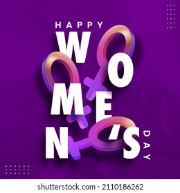 White Happy Women's Day Font With 3D Gradient Female Gender Sign On Purple Twirl Liquid Background.