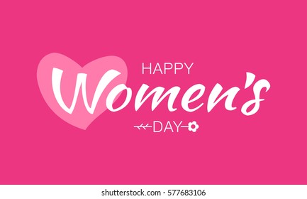 White happy Womens Day typographic lettering on pink red background with heart and flower. Vector Illustration of a Women's Day card.