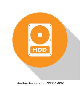 White Hard disk drive (HDD) icon isolated on white background. Orange circle button. Flat design. Vector Illustration