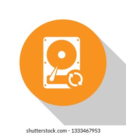 White Hard disk drive (HDD) sync refresh icon isolated on white background. Orange circle button. Flat design. Vector Illustration