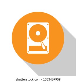 White Hard disk drive (HDD) icon isolated on white background. Orange circle button. Flat design. Vector Illustration