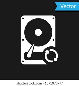 White Hard disk drive (HDD) sync refresh icon isolated on black background. Vector Illustration