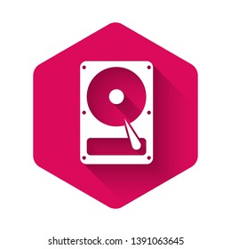White Hard disk drive HDD icon isolated with long shadow. Pink hexagon button. Vector Illustration