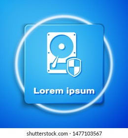 White Hard disk drive HDD protection icon isolated on blue background. Blue square button. Vector Illustration