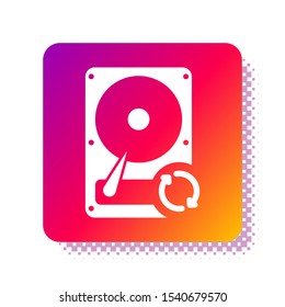 White Hard disk drive HDD sync refresh icon isolated on white background. Square color button. Vector Illustration