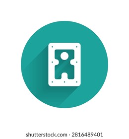 White Hard disk drive HDD icon isolated with long shadow background. Green circle button. Vector
