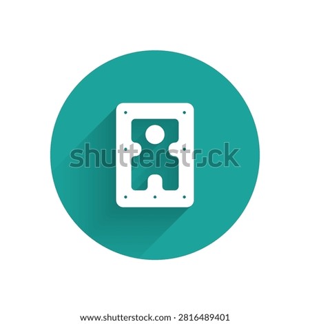 White Hard disk drive HDD icon isolated with long shadow background. Green circle button. Vector
