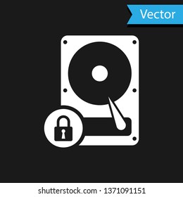 White Hard disk drive and lock icon isolated on black background. HHD and padlock. Security, safety, protection concept. Vector Illustration