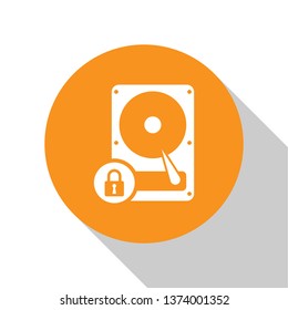 White Hard disk drive and lock icon isolated on white background. HHD and padlock. Security, safety, protection concept. Orange circle button. Vector Illustration