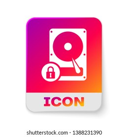 White Hard disk drive and lock icon isolated on white background. HHD and padlock. Security, safety, protection concept. Rectangle color button. Vector Illustration