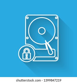 White Hard disk drive and lock line icon isolated with long shadow. HHD and padlock. Security, safety, protection concept. Vector Illustration