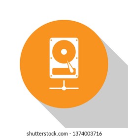 White Hard disk drive on sharing network icon isolated on white background. Orange circle button. Flat design. Vector Illustration
