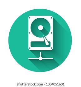 White Hard disk drive on sharing network icon isolated with long shadow. Green circle button. Vector Illustration