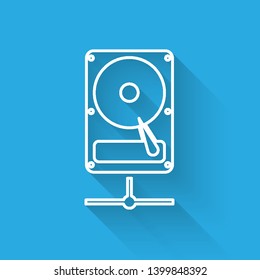 White Hard disk drive on sharing network line icon isolated with long shadow. Vector Illustration