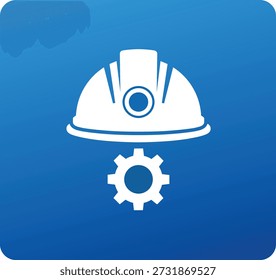Chapéu duro branco e engrenagem em um fundo azul gradiente segurança capacete cogwheel