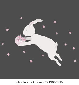 White hare with a basket of flowers on a grey background. Easter rabbit with chamomile. Valentine card