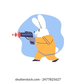 A white hare in the form of a valiant warrior in a yellow suit, with a blaster in his hands on a blue background. Cute cartoon super hero in flat style. Vector image suitable for sticker design.