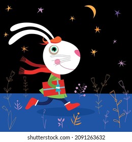 White hare with a gift on a background of starry sky
