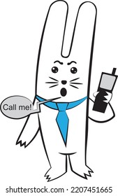 A white hare holds a mobile phone in his paws. He's angry. Perhaps he asks to call back, pick up the phone, or is outraged by the news he has just received.