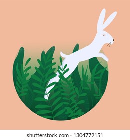 White hare jumps in grass. Trendy hand drawn vector illustration with bunny in nature. Springtime.