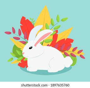 white hare on a background of flowers and leaves. Bright illustration on the theme of spring and happy Easter