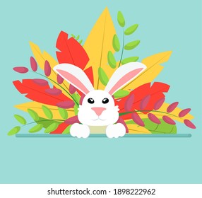 white hare on a background of flowers and leaves. Bright illustration on the theme of spring and happy Easter