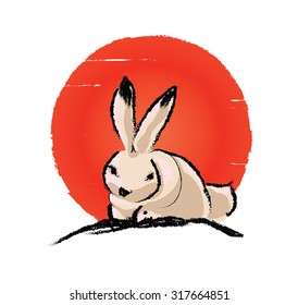 White hare and red moon - Mooncake concept - Moon rabbit vector illustration.  Traditional ink painting for Mid-Autumn Festival Chuseok.