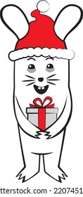 A white hare in a red New Year's cap is holding a gift tied with a red ribbon. His ears stick out of his hat. The hare smiles.