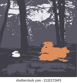 A white hare rushes through a dark forest with large trees, followed by a wild dog.
Silhouettes in motion, rough brushstrokes, original