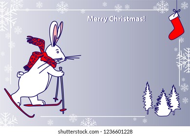White hare skiing in a red scarf. Christmas illustration - congratulations. Fairytale character wishes Merry Christmas and Happy New Year.