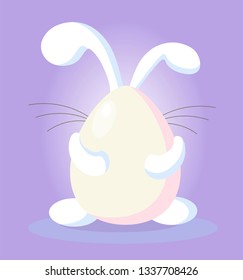A white hare that holds a large white egg from behind on a purple background.