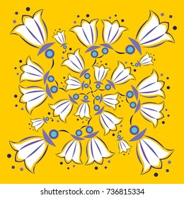 White harebells on a yellow background, arranged in a circle.