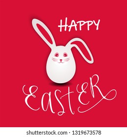 white hare-egg symbol of Easter on a red background with the signature Happy Easter