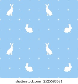 White hares on a blue background with snowflakes. Vector