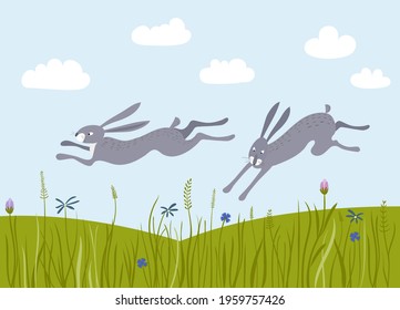 White hares run through the meadows. Vector landscape with flower fields. 