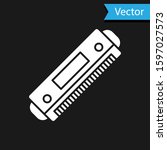 White Harmonica icon isolated on black background. Musical instrument.  Vector Illustration