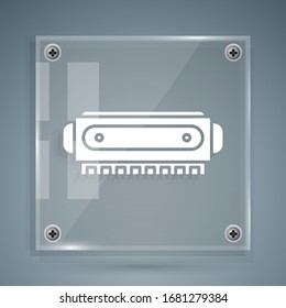 White Harmonica icon isolated on grey background. Musical instrument. Square glass panels. Vector Illustration