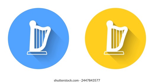 White Harp icon isolated with long shadow background. Classical music instrument, orhestra string acoustic element. Circle button. Vector