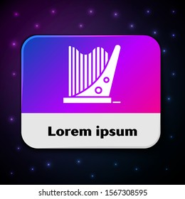 White Harp icon isolated on black background. Classical music instrument, orhestra string acoustic element. Rectangle color button. Vector Illustration